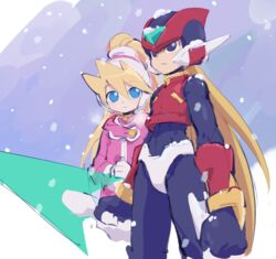  1boy android black_eyes blonde_hair blue_eyes ciel_(mega_man) closed_mouth coat commentary_request energy_blade energy_sword female gloves hair_between_eyes headgear helmet high_ponytail holding holding_weapon kon_(kin219) long_hair mega_man_(series) mega_man_zero_(series) mega_man_zero_3 pink_coat ponytail snow snowing standing sword very_long_hair weapon white_gloves z_saber zero(z)_(mega_man) zero_(mega_man) 