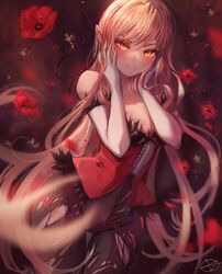  bakemonogatari bare_shoulders blonde_hair blurry blurry_foreground breasts dress echidnas elbow_gloves female flower gloves hands_on_own_cheeks hands_on_own_face highres kiss-shot_acerola-orion_heart-under-blade kizumonogatari large_breasts long_hair looking_at_viewer monogatari_(series) no_pants oshino_shinobu pantyhose pointy_ears red_dress signature smile solo strapless strapless_dress torn_clothes torn_pantyhose vampire very_long_hair yellow_eyes 