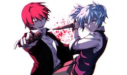  2boys akabane_karma ansatsu_kyoushitsu bad_id bad_pixiv_id black_jacket blazer blood blue_eyes blue_hair brown_pants collared_shirt commentary dagger evil_smile gun handgun holding holding_dagger holding_gun holding_knife holding_weapon jacket knife kunugigaoka_middle_school_uniform light_blue_hair long_hair looking_at_viewer looking_to_the_side male_focus multiple_boys open_clothes open_collar open_jacket open_mouth pants parted_lips purple_vest red_hair school_uniform shiota_nagisa shirt short_hair short_twintails shunnyun sleeves_past_elbows smile teeth twintails upper_teeth_only vest weapon white_background white_shirt yellow_eyes 