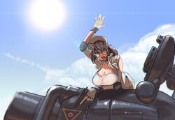  blue_sky breasts brown_eyes brown_hair cleavage cloud day elbow_pads english_commentary female fingerless_gloves fio_germi glasses gloves gun handgun hat highres large_breasts long_hair looking_at_viewer metal_slug military military_vehicle motor_vehicle ponytail sky solo sun sv001_(metal_slug) tank tank_top taxexemption vest waving weapon 