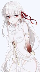  absurdres armlet arms_behind_back belly_chain blush body_markings bow breasts colored_skin durga_(fate) earrings facial_mark fate/grand_order fate_(series) female forehead_mark hairbow highres indian_clothes jewelry large_breasts long_hair looking_at_viewer mati5572 red_eyes red_skin revealing_clothes simple_background snake solo thumb_ring white_background white_hair 