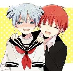  2boys akabane_karma ansatsu_kyoushitsu averting_eyes black_jacket black_sailor_collar blue_eyes blue_hair blush closed_mouth collared_shirt commentary_request dotted_background embarrassed facing_viewer holding holding_clothes holding_shirt jacket letterboxed light_blue_hair long_sleeves male_focus multiple_boys neckerchief open_collar open_mouth otoko_no_ko outside_border red_hair red_neckerchief sailor_collar school_uniform serafuku shiota_nagisa shirt short_hair short_sleeves short_twintails smile sweat twintails unworn_shirt upper_body white_shirt yashiro_(daeki) yellow_background 