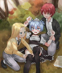  3boys akabane_karma ansatsu_kyoushitsu apron black_legwear blonde_hair blue_eyes blue_hair blush breasts bush chinese_commentary choker colored_skin commentary_request crossdressing female grass grin koro-sensei kunugigaoka_middle_school_uniform long_hair maid maid_apron maid_headdress male_focus multiple_boys nakamura_rio necktie open_mouth otoko_no_ko puffy_short_sleeves puffy_sleeves red_hair school_uniform shiota_nagisa shirt shoes short_hair short_sleeves short_twintails skirt small_breasts smile sweat tenten_(kitty) twintails yellow_eyes yellow_skin 