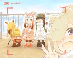  3girls :d aged_down alpaca_ears alpaca_suri_(kemono_friends) alternate_costume animal_ears backpack bag battery_indicator bird_tail black-headed_ibis_(kemono_friends) black_hair blonde_hair blue_eyes blush boots brown_hair coat commentary gloves gradient_hair hair_over_one_eye hat head_wings japanese_crested_ibis_(kemono_friends) kemono_friends lolicon mittens moeki_(moeki0329) multicolored_hair multiple_girls open_mouth outdoors pantyhose pom_pom_(clothes) railing red_hair scarf scarlet_ibis_(kemono_friends) selfie shoulder_bag sidelocks smile stick tail twitter_username viewfinder w waving white_hair wings yellow_eyes 