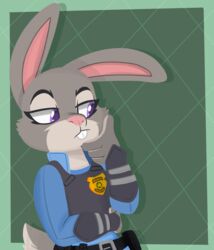  animated anthro badge belt buckteeth cheek_tuft clothing digital_media_(artwork) disney english_text facial_tuft female flat_chested fur hi_res judy_hopps lagomorph leporid mammal modularpon multicolored_body multicolored_fur pattern_background police police_uniform protective_gear purple_eyes rabbit scut_tail short_playtime short_tail simple_background solo tail teeth text tuft two_tone_body two_tone_fur uniform zoo_52 zootopia 