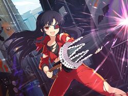  air_conditioner alley black_hair black_sports_bra black_umbrella blush building chain-link_fence city eyepatch female fence firing flat_chest frilled_umbrella frills graffiti gun holding holding_gun holding_weapon industrial_pipe jacket long_hair looking_at_viewer mirai_(senran_kagura) oerba_yun_fang official_alternate_costume official_art open_mouth outdoors pants red_eyes red_track_suit senran_kagura senran_kagura_new_link senran_kagura_shoujo-tachi_no_shin&#039;ei smile solo sports_bra third-party_source tomoe_(symbol) torn_clothes torn_jacket torn_pants torn_sports_bra track_jacket track_pants track_suit trash_can umbrella umbrella_gun underwear weapon yaegashi_nan 