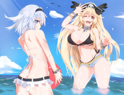  2girls anne_bonny_(fate) anne_bonny_(swimsuit_archer)_(fate) anne_bonny_(swimsuit_archer)_(first_ascension)_(fate) ass back bare_shoulders beach_volleyball bikini black_bikini black_headwear blonde_hair blue_eyes breasts butt_crack cloud cloudy_sky collar commentary_request day fate/grand_order fate_(series) hat highres large_breasts long_hair mary_read_(fate) mary_read_(swimsuit_archer)_(fate) mary_read_(swimsuit_archer)_(first_ascension)_(fate) multiple_girls one_eye_closed outdoors pirate pirate_hat red_eyes scar scar_on_arm scar_on_face shiwabuki_(guillotine_devil) short_hair short_shorts shorts skull_and_crossbones sky swimsuit very_long_hair wading wet white_bikini white_hair 