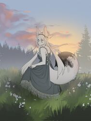  3:4 accessory anthro bell big_tail bulochka canid canine closed_eyes clothed clothing cloud digital_media_(artwork) dress female flower fox fully_clothed fur grass hair hair_accessory hairband hi_res long_hair mammal outside plant sky solo standing tail tree white_body white_fur white_hair 