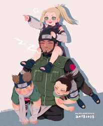  3boys absurdres akimichi_chouji artist_name black_hair blonde_hair brown_eyes brown_hair carrying cigarette closed_eyes dated english_commentary female gogglesyo green_eyes happy_birthday highres ino_yamanaka long_hair multiple_boys nara_shikamaru naruto naruto_(series) pointing ponytail sarutobi_asuma shoulder_carry smoking 