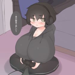  1boy bed black_hair black_hoodie black_pants black_shirt black_socks blush breasts check_translation cleavage computer_mouse controller covered_nipples door floor from_above game_controller gigantic_breasts grey_eyes headphones holding hood hoodie indian_style looking_at_viewer male_with_breasts on_floor oppai_shota original otoko_no_ko pants parted_lips pittori playing_games playstation_controller shirt short_hair sitting socks solo speech_bubble translation_request very_short_hair 