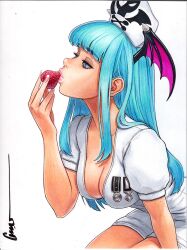  aqua_hair black_eyeliner blue_eyes breasts cleavage commentary demon_girl english_commentary eyeliner eyeshadow female fingernails food fruit hand_out_of_frame hat head_wings highres holding holding_food holding_fruit large_breasts legs_together long_fingernails long_hair makeup marker_(medium) medal morrigan_aensland nurse nurse_cap official_alternate_costume omar_dogan pink_lips plunging_neckline signature sitting skull_and_crossbones solo strawberry traditional_media vampire_(game) white_background white_hat white_unitard wings 