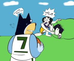  2023 anthro arrow_sign australian_cattle_dog ball bandit_heeler basketball_(ball) beargarbage black_body black_ears black_fur black_nose blue_body blue_fur bluey_(series) blush bodily_fluids border_collie bottomwear canid canine canis cattledog clenched_teeth clothing cloud collie dalmatian day digital_media_(artwork) domestic_dog double_chin english_text exclamation_point frank_(bluey) fur grass green_bottomwear green_clothing green_shirt green_shorts green_tank_top green_topwear group herding_dog hi_res holding_basketball holding_object kneeling mackenzie&#039;s_dad_(bluey) male mammal multicolored_body multicolored_bottomwear multicolored_clothing multicolored_fur multicolored_shirt multicolored_tank_top multicolored_topwear nervous outside pastoral_dog plant purple_clothing purple_shirt purple_tank_top purple_topwear sheepdog shirt shorts shrub skirt sweat tank_top teeth text topwear trio two_tone_bottomwear two_tone_clothing two_tone_shirt two_tone_tank_top two_tone_topwear white_bottomwear white_clothing white_eyes white_shirt white_shorts white_tank_top white_topwear yelling yellow_body yellow_bottomwear yellow_clothing yellow_fur yellow_skirt 