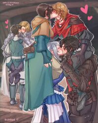  2girls 4boys absurdres armor beard black_hair blonde_hair brown_hair cape carrying carrying_person clive_rosfield closed_eyes couple dion_lesage facial_hair final_fantasy final_fantasy_xvi grey_hair heart highres jill_warrick joshua_rosfield jote_(ff16) kissing leg_lock multiple_boys multiple_girls rivarizu shoulder_carry straight terrence_(ff16) yaoi 