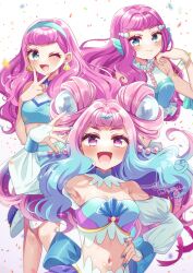  blue_eyes blue_hair blue_hairband closed_mouth clothing_cutout confetti crop_top cure_la_mer doroshii earrings female hair_intakes hairband highres jewelry laura_la_mer long_hair looking_at_viewer midriff multicolored_hair navel one_eye_closed open_mouth pink_hair precure purple_eyes shoulder_cutout smile tropical-rouge!_precure v 