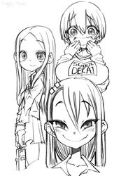  3girls big_breasts blush breasts clothed clothing crossover doodle earrings fangs female female_only hayase_nagatoro hi_res highres japanese_text karakai_jouzu_no_takagi-san long_hair looking_at_viewer medium_hair monochrome not_porn old_art please_don&#039;t_bully_me,_nagatoro revealing_clothes simple_background small_breasts smile takagi-san text translation_request uzaki-chan_wa_asobitai! uzaki_hana waa153 white_background 