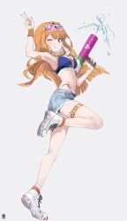  arm_up armpits bead_necklace beads bikini blue_bikini denim denim_shorts dohyo123123 eyewear_on_head full_body gakuen_idolmaster green_eyes high_tops highleg highleg_bikini highres holding holding_water_gun idolmaster jewelry necklace one_eye_closed orange_hair orange_wristband shiun_sumika shoes shorts smile sneakers standing standing_on_one_leg sunglasses swimsuit thigh_strap tinted_eyewear torn_clothes torn_shorts water_gun 