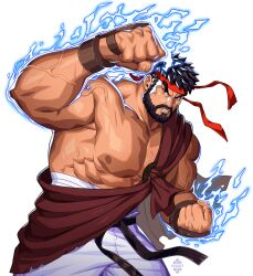  1boy bara beard belt black_belt black_hair brown_gloves clenched_hands facial_hair fighting_stance gloves headband large_pectorals looking_at_viewer male_focus muscular muscular_male nipples pants pectorals red_headband ryu_(street_fighter) short_hair solo street_fighter street_fighter_6 white_background white_pants xelgot 