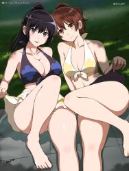  2girls :p bare_legs barefoot bikini bikini_skirt black_hair blush breasts brown_eyes brown_hair cleavage clothes_lift day floral_print grass hibike!_euphonium highres kousaka_reina large_breasts looking_at_viewer matching_outfits medium_breasts mismatched_bikini multiple_girls niwatori_kokezou oumae_kumiko outdoors ponytail print_bikini purple_eyes signature sitting skirt skirt_lift swimsuit thighs tongue tongue_out 