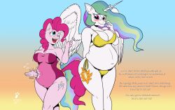  absurd_res alicorn animal_humanoid bikini breasts clothing duo duragan embarrassed equid equid_humanoid equine equine_humanoid female friendship_is_magic hasbro hi_res horn humanoid mammal mammal_humanoid my_little_pony mythological_creature mythological_equine mythology navel one_eye_closed open_mouth overweight pinkie_pie_(mlp) princess_celestia_(mlp) smile swimwear teeth two-piece_swimsuit wings yellow_bikini yellow_clothing yellow_swimwear 