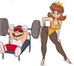  1boy awd! black_eyes breasts brown_hair crown female hand_on_own_hip hat leotard looking_at_another mario mario_(series) medium_hair pantyhose princess_daisy red_hat red_shorts shirt shorts sweat t-shirt yellow_leotard 