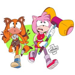  amy_rose anthro badger boomerang clothing duo el_moribundo eulipotyphlan female footwear gloves hammer handwear hedgehog hi_res mammal mustelid musteline open_mouth piko_piko_hammer sega shoes signature simple_background sonic_boom sonic_the_hedgehog_(series) sticks_the_jungle_badger tools 