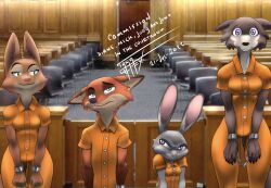  anthro beastars brown_body brown_fur canid canine canis chains clothed clothing courtroom cuff_(restraint) diane_foxington digital_media_(artwork) disney dreamworks female fox fur grey_body group hi_res judy_hopps juno_(beastars) lagomorph leporid male mammal metal_cuffs nick_wilde orange_body orange_fur photo_background photography_(artwork) prison_uniform purple_eyes rabbit red_fox restraints shackles smile standing tail taka_studio the_bad_guys true_fox wolf zootopia 