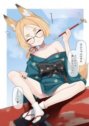  animal_ears black_bow black_footwear black_nails blonde_hair blue_kimono blue_sky bow breasts closed_eyes closed_mouth cloud collarbone commentary_request day facing_viewer female floral_print forehead fox_ears fox_girl fox_tail geta glasses grey-framed_eyewear highres holding holding_smoking_pipe japanese_clothes kimono kiseru long_hair nail_polish obi off_shoulder ogami_kazuki original panties parted_bangs print_kimono round_eyewear sash short_eyebrows sky small_breasts smoking_pipe socks solo tabi tail tengu-geta thick_eyebrows translation_request underwear white_panties white_socks 