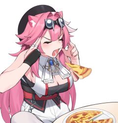  animal_ear_fluff animal_ears breasts cleavage closed_eyes concentrating dasdokter female finger_to_head fingers_to_head floating food highres hololive hololive_english levitation long_hair man_levitating_pizza_(meme) meme multicolored_hair mundane_utility open_mouth panther_ears panther_girl pink_hair pizza pizza_box pizza_slice raora_panthera simple_background solo streaked_hair telekinesis virtual_youtuber white_background 