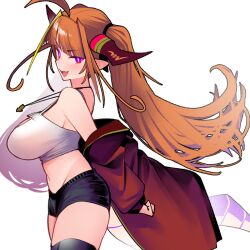  ahoge black_shorts black_thighhighs blonde_hair breasts crop_top dismassd dragon_girl dragon_horns from_side highres hololive horns jacket jewelry kiryu_coco large_breasts long_hair midriff multicolored_hair navel necklace orange_hair pointy_ears red_jacket shorts streaked_hair tank_top thighhighs virtual_youtuber white_tank_top 