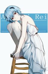  ayanami_rei backless_dress backless_outfit bare_arms bare_back bare_legs bare_shoulders barefoot blue_hair character_name dated dress female fetal_position from_side full_body interface_headset looking_at_viewer looking_to_the_side neon_genesis_evangelion on_stool pale_skin red_eyes short_hair shoulder_blades signature simple_background solo squatting stool strapless strapless_dress white_background white_dress yisjhui 