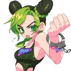  arm_tattoo blush_stickers braid c73an clenched_hand collarbone cone_hair_bun double_bun eyelashes female green_eyes green_hair green_lips green_shirt hair_bun highres jojo_no_kimyou_na_bouken kujo_jolyne lipstick looking_at_viewer makeup multicolored_hair open_mouth shirt simple_background single_handcuff solo stone_ocean tattoo two-tone_hair upper_body white_background 