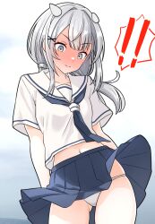  ! !! ass_visible_through_thighs black_neckerchief black_skirt blush closed_mouth cowboy_shot female furaggu_(frag_0416) grey_eyes grey_hair hair_ornament headgear highres i-201_(kancolle) kantai_collection long_hair looking_down navel neckerchief panties pleated_skirt sailor_collar sailor_shirt shirt short_sleeves skirt solo underwear white_panties white_sailor_collar white_shirt x_hair_ornament 