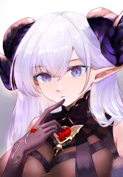  absurdres albion_(azur_lane) albion_(silvermoon_faerie_princess)_(azur_lane) azur_lane bare_shoulders black_horns blue_eyes breasts brown_gloves brown_horns commentary curled_horns demon_horns demon_wings elbow_gloves female finger_to_mouth forward_facing_horns fur-trimmed_gloves fur_trim gem gloves heart-shaped_gem highres horns large_breasts large_horns long_hair looking_at_viewer official_alternate_costume pointy_ears ram_(404272725) red_gemstone simple_background solo white_hair wings 