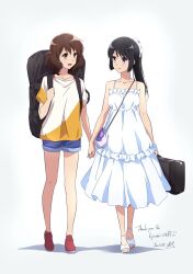  2girls bag black_hair brown_hair denim denim_shorts dress full_body handbag hibike!_euphonium highres holding holding_hands holding_instrument instrument instrument_case kousaka_reina looking_at_another multiple_girls nii_manabu oumae_kumiko ponytail purple_eyes shirt shorts sidelocks simple_background white_background white_dress yellow_eyes 