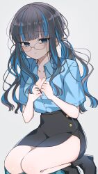  absurdres black_hair black_skirt blue_hair blue_shirt breasts cleavage collared_shirt colored_inner_hair fate/grand_order fate_(series) female glasses grey_eyes highres looking_at_viewer mati5572 multicolored_hair pencil_skirt revision shirt short_sleeves sidelocks skirt solo sweat tenochtitlan_(fate) thighs twintails two-tone_hair 