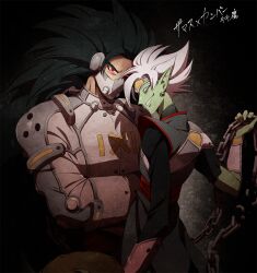  2boys black_hair black_shirt broken broken_chain chains colored_skin commentary_request cumber dragon_ball dragon_ball_heroes earrings eyepatch facing_another fused_zamasu glowing glowing_eyes green_skin grey_eyes grin holding holding_chain jewelry long_hair looking_at_viewer male_focus mask mouth_mask multiple_boys muscular muscular_male official_alternate_costume pointy_ears potara_earrings red_eyes shirt smile spiked_hair straitjacket tail teeth translation_request turtleneck ushihoshi very_long_hair white_hair 