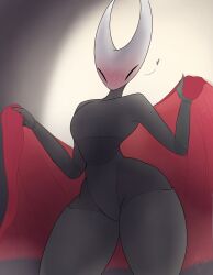  2024 2_horns anthro arthropod black_arms black_eyes black_hands black_legs black_neck blush blush_lines breasts clothing digital_media_(artwork) featureless_breasts featureless_crotch female fingers heart_symbol hi_res hollow_knight horn hornet_(hollow_knight) mouthless mrsaitheon narrowed_eyes noseless nude red_clothing signature simple_background solo standing team_cherry thick_thighs wide_hips 