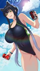  animal_ears bare_arms bare_legs bare_shoulders black_hair black_one-piece_swimsuit blue_archive blue_halo blush breasts can cleavage coca-cola competition_swimsuit covered_navel day extra_ears female green_eyes grin halo highleg highleg_swimsuit highres holding holding_can huge_breasts jamgom long_hair looking_at_viewer one-piece_swimsuit outdoors shun_(blue_archive) smile solo swimsuit tiger_ears 