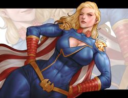  artist_name belt blonde_hair blue_bodysuit blue_eyes bodysuit breasts cape cleavage cleavage_cutout clothing_cutout female genderswap_(mtf) gloves hands_on_own_hips hibren homelander large_breasts long_hair looking_at_viewer mature_female red_cape red_gloves rule_63 solo striped_cape superhero_costume the_boys two-tone_cape white_cape 