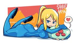  2021 alternate_version_at_source alternate_version_available blonde_hair blue_eyes bodysuit crap-man heart looking_at_viewer lying_on_breasts lying_on_ground lying_on_stomach metroid metroid_(creature) nintendo ponytail safe_for_work samus_aran sfw smile smiling smiling_at_viewer speech_bubble zero_suit_samus 