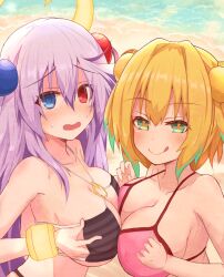  +_+ 2girls bare_shoulders bikini black_bikini blonde_hair blue_eyes blush bombergirl bomberman bracelet breasts breasts_squeezed_together cleavage collarbone green_hair grenade_hair_ornament hair_ornament halo heterochromia jewelry large_breasts licking_lips long_hair lypele multicolored_hair multiple_girls open_mouth papuru_(bombergirl) pine_(bombergirl) pink_bikini purple_hair red_eyes short_hair smile swimsuit symbol-shaped_pupils tongue tongue_out two-tone_hair yellow_pupils 