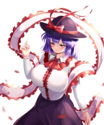  absurdres black_hat black_skirt blush bow breasts capelet edz_drawz frilled_capelet frilled_shawl frilled_shirt_collar frills hagoromo hat hat_bow hat_ribbon highres large_breasts long_sleeves looking_at_viewer nagae_iku purple_hair red_eyes ribbon shawl shirt simple_background skirt touhou white_background white_shirt 