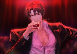  1boy aizen_sousuke alternate_costume black_jacket bleach brown_eyes brown_hair collared_shirt commentary cup english_commentary glass hair_between_eyes hand_up highres holding holding_cup jacket kas0n3ri large_pectorals long_sleeves looking_at_viewer male_focus mature_male muscular muscular_male nose open_clothes open_jacket parted_lips partially_unbuttoned pectorals red_light shirt short_hair smile solo tsurime twitter_username upper_body white_shirt 