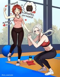  2girls ball black_leggings blush cheering commission edelgard_von_hresvelg english_commentary exercise_ball exercising fire_emblem heart indoors leggings monica_von_ochs multiple_girls ponytail purple_eyes red_hair rein_creamsoda squatting thought_bubble twitter_username white_hair workout_clothes 