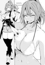  ^_^ artist_name ascot belt bikini blush breast_press breasts cleavage closed_eyes closed_mouth collarbone commentary_request dated female grey_background greyscale highres holding holding_microphone kichihachi large_breasts looking_at_viewer microphone monochrome multiple_views navel original ponytail short_hair shorts smile standing swimsuit thighhighs thighs two-tone_background white_background 