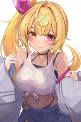  absurdres ahoge asaikeu bare_shoulders black_camisole blonde_hair blue_shorts blush breasts camisole closed_mouth collarbone commentary_request denim denim_shorts female hair_between_eyes hair_intakes hair_ornament heterochromia highres hoshikawa_sara hoshikawa_sara_(1st_costume) jacket large_breasts long_hair looking_at_viewer midriff navel nijisanji off_shoulder open_clothes open_jacket red_eyes shirt shorts side_ponytail simple_background smile solo tank_top tied_shirt upper_body virtual_youtuber white_background white_jacket white_tank_top x_hair_ornament yellow_eyes 