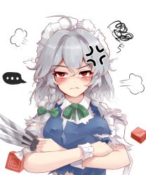  ... absurdres anger_vein annoyed blue_dress blue_eyes blush bow braid breasts defeat dress edz_drawz green_bow grey_hair highres izayoi_sakuya knife large_breasts maid maid_headdress power_item_(touhou) puff_of_air red_eyes shirt simple_background torn_clothes touhou 