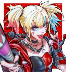  ai_shou artist_name baseball_bat black_gloves black_jacket black_shirt blonde_hair blue_eyes blue_hair chains choker ear_piercing facial_tattoo female fingerless_gloves gloves harley_quinn heart heart_tattoo highres holding holding_baseball_bat hood hooded_jacket jacket middle_finger piercing red_background red_gloves red_hair red_jacket red_shirt shirt simple_background solo suicide_squad_isekai tattoo twintails upper_body 