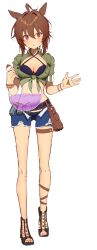  absurdres agnes_tachyon_(lunatic_lab)_(umamusume) agnes_tachyon_(umamusume) ahoge animal_ears beach belt belt_pouch bikini black_belt black_bikini black_footwear black_gloves blue_shorts border breast_pocket breasts brown_eyes brown_hair canister cleavage criss-cross_halter diffraction_spikes ear_ornament female flask full_body gloves gorioshi0802 green_jacket grey_border hair_between_eyes halterneck highres holding holding_flask horse_ears horse_girl horse_tail huge_ahoge jacket leather_strap medium_hair messy_hair midriff navel official_alternate_costume official_alternate_hairstyle open_clothes open_fly open_shorts pocket pouch short_ponytail short_shorts shorts sidelocks single_glove swimsuit tail thigh_belt thigh_strap tied_jacket torn_clothes torn_shorts umamusume wrist_straps 