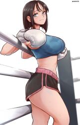  aosora2823 artist_name bare_legs black_hair black_shorts blue_sports_bra boxing_gloves boxing_ring breasts commentary_request commission dolphin_shorts female highres large_breasts leaning_back light_smile looking_at_viewer original short_hair short_shorts shorts skeb_commission solo sports_bra 